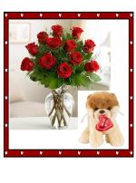 12 Red Roses w/Vase & GUND Stuffed Animal